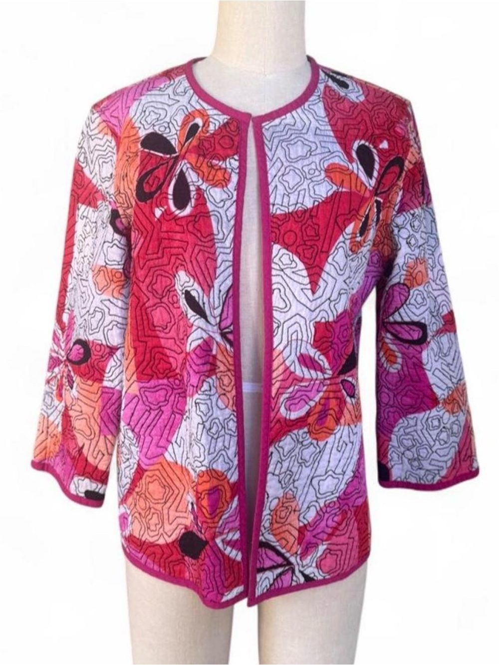 Chico’s Open Front Abstract floral cotton Jacket in Pink Orange white & black